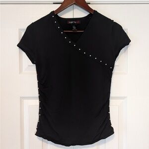 Real Y2K Vintage Option Elle Studded Wrap Tee V-Neck Black Goth Alternative